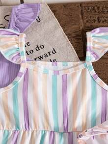 Baby Girls' Summer Underwater Animal Print, Striped & Solid Color Flutter Sleeve 3-Piece Romper Set, Sporty Outdoor - Mauve Purple - View 8