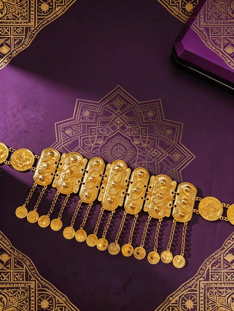 [Fluisteringen van het Zand] Fijne Eid Gouden & Zilveren Muntenriemset | Rechthoekige Versierde Plaat met Kwastjesketting, Geschikt voor Abaya en Kaftan | Luxe Vergulde Niet-oxiderende Bruids- en Feestelijke Tailleketting - Kies uw glinsterende gouden of zilveren set | Rechthoekige Versierde Plaat | Niet-oxiderend - Zilver - Bekijken 6