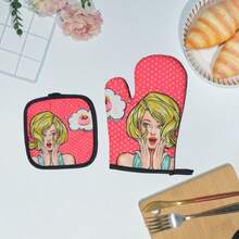 Bộ găng tay lò vi sóng in kỹ thuật số hình nữ đầu bếp, miếng lót dày chịu nhiệt, găng tay nướng và miếng lót nồi chịu nhiệt in hình. - Nhiều màu - Xem 2