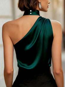 Áo hai dây nữ màu trơn thanh lịch, cổ lệch, thích hợp cho các buổi hẹn hò tối và ngày Valentine, phong cách thường ngày mùa xuân/hè. - màu xanh lá - Xem 4