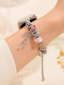 女士经典魅力腕表手链，配有串珠吊坠，蝴蝶结、爱心、樱花和海星造型，适用于 38/40/41/42/44/45/46/49mm，Ultra/SE/Series 11/10/9/8/7/6/5/4/3/2/1，夏季海滩饰品配饰，表带 - 粉色 - 查看 11