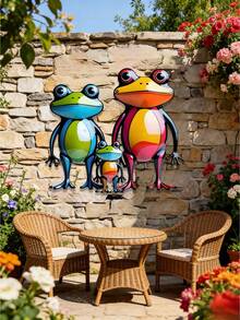 1 pièce Décoration murale en métal de famille de grenouilles 2D colorée - Style bohème imaginatif, décoration de grenouille vintage, convient pour la chambre d'enfant, le salon, le balcon, la boutique de fleurs, le zoo et le jardin, la décoration de la maison, la décoration du jardin, la décoration murale, cadeau idéal pour les amateurs de grenouilles et les familles - Famille de grenouilles colorées - Voir 5