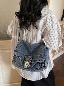 New Stylish And Soft Washed-Jeans-Inspired Shoulder Bag With A Flap Design; A Versatile, Roomy Crossbody Bag For Women With A Twist-Lock Closure, Perfect For Shopping And Commuting - 藍色 - 查看 4