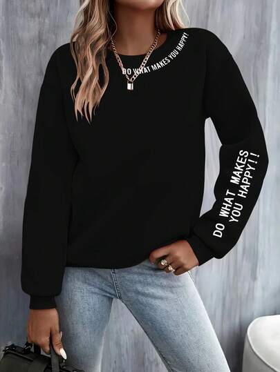 Hoodie For Women DO WHAT MAKES YOU HAPPY Slogan Printed Casual Women's Fashion Hoodie, Suitable For Spring, Autumn And Winter, New Women's Casual Versatile Retro Round-Neck Hoodie, Women's Clothing, Available Sizes S-XXL2026- Spring, Y2k, Tops, Black Jumper, Maija