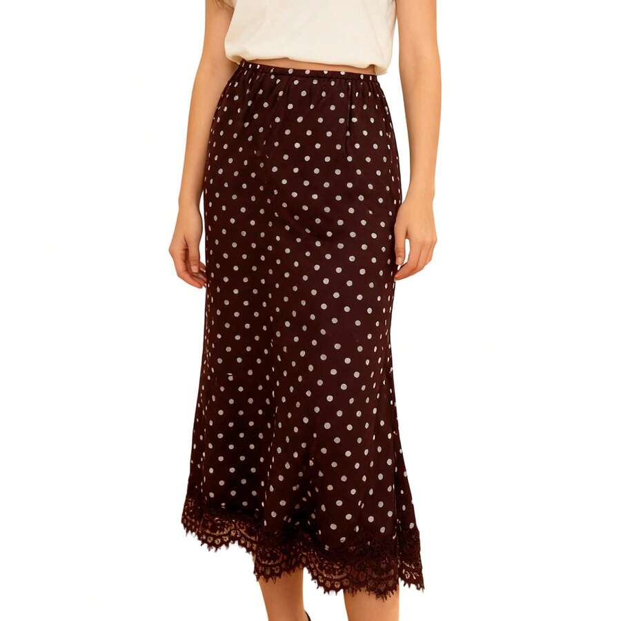 Women Satin Lace Trim Midi Skirt Polka Dot Print High Waist Long A-Line Skirts Vintage Silk Going Out Dress Y2k Streetwear Party Clubwear - 棕色-A - 查看 1