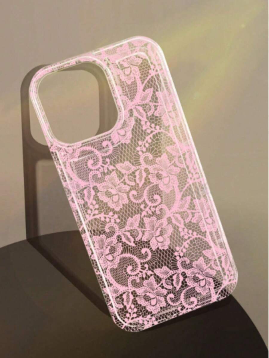 1个浪漫蕾丝图案透明软壳手机壳,带气垫,适用于 11/12/13/14/15/16 Pro Max,国际版,非国内版 - 彩色 - 查看 1