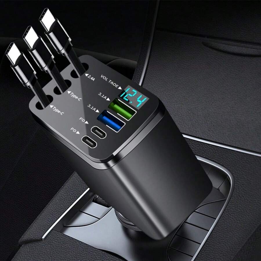 Nuokaiqi 7-In-1 Vehicle Charger, 120W Fast Charging With 70cm Extendable Cable, Built-In 180° Adjustable TYPE-C/IOS Interface And 80cm Extendable Cable, Multi-Functional Vehicle Charger