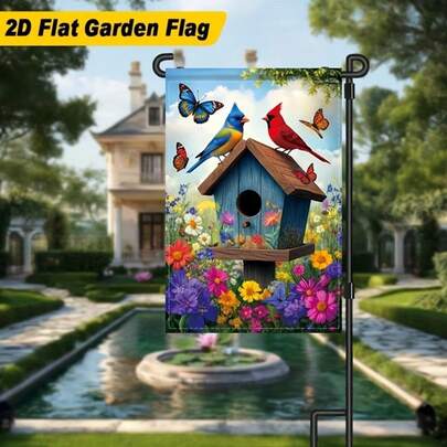2D平面 - 2D平面 - 1件 这款2D平面花园旗以鸟屋、小鸟和鲜花为主题，采用耐用的涤纶材料制成，无需电源，是装饰庭院、花园或节日的理想之选，尺寸为12x18英寸。