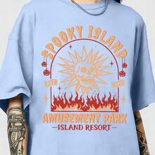 Spooky Island Amusement Park T-Shirt, Retro 2000s Halloween Movie Shirt, Disco Skull, Summer Spooky T-Shirt, 90s Nostalgia Halloween Tee For Halloween - 淺藍色 - 查看 12