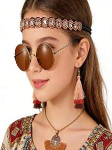 Bohemian Tassel Pendant Necklace, Fashionable Retro Fan-Shaped Necklace Jewelry, Hippie Set - Multicolor - View 4