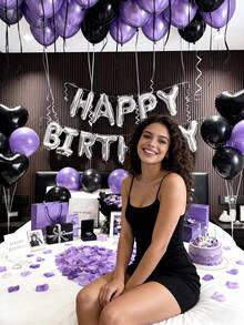 Set de decorațiuni pentru zi de naștere 13/58/558 bucăți, mov și negru - banner argintiu "La mulți ani", balon metalizat negru în formă de inimă + baloane din latex metalizat mov, perfect pentru petrecere tematică K-POP, petrecere de zi de naștere, aniversare, surpriză la hotel, recuzită pentru ședință foto - Stilul 1 - Vizualizare 5
