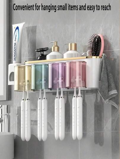 Wandmontierter Zahnbürstenhalter-Set mit 4/3/2 staubdichten Bechern und Zahnpastaspender, multifunktionales Badezimmer-Aufbewahrungsregal mit automatischem Zahnpasta-Spender und Bechern, bohrlochfreies Badezimmerregal, luxuriöses Badezimmer-Set zum Zähneputzen und Aufbewahren, Badezimmer-Wandorganizer, Badezimmer-Accessoires für Zuhause