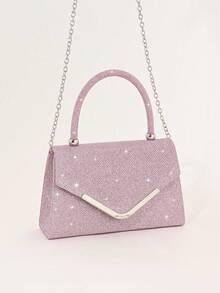 REMANLAND Sweet And Edgy Pink Clutch With Glitter Texture, V-Shaped Metal Trim And Top Handle, Combining A Bold Glitter Finish With A Sleek Silver V-Shaped Metal Trim And Modern Top Handle. Stands Out At Parties, Street Style Shoots And Casual Gatherings, Infusing Unique Personalized Into Modern Outfits With Lovely Pink Tone. It Is The Best Gift For Women - Pink - View 4