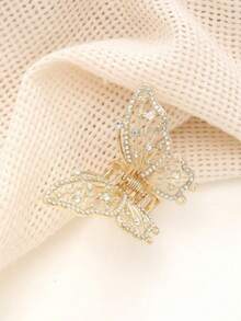 1pc Fashion Hollow Butterfly Design Hair Claw, Niche Luxury Rhinestone Alloy Hair Claw For Ponytail & Half-Up Hairstyle - Gold - View 3