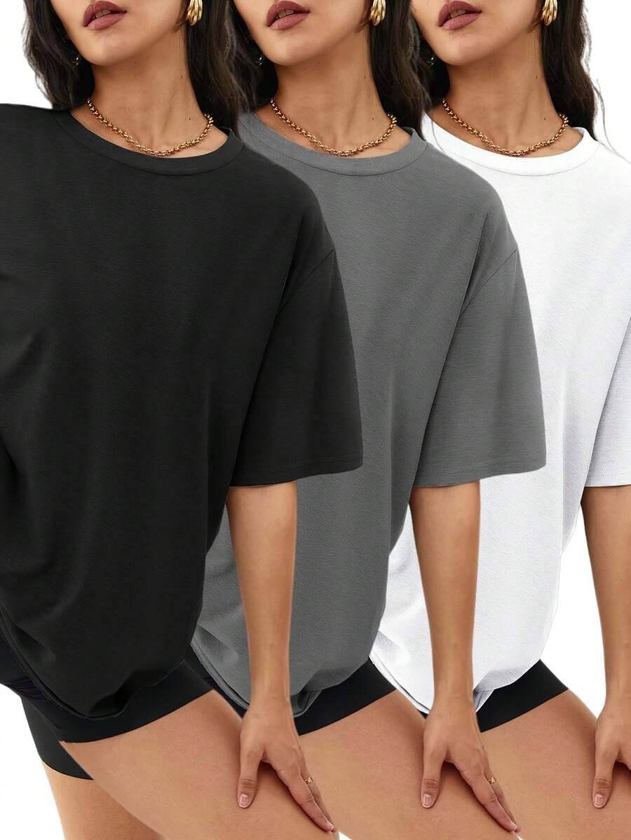 Women's 3-Pack Plus Size Short Sleeve T-Shirts, Summer Loose Tops, Fashion Basic Tees, Comfortable For Casual Vacation & Fitness Wear - Nhiều màu - Xem 1