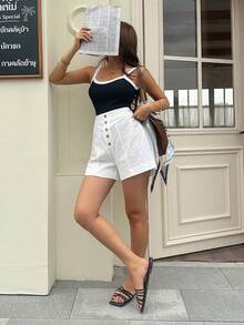 Women's Fashion Non-Stretch White Wide Leg Shorts With Decorative Buttons - White - View 7