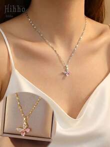 Hihho 1 chiếc dây chuyền hình bướm màu hồng lãng mạn đính đá Zirconia | Mặt dây chuyền hình bướm bạc thanh lịch | Thích hợp để đeo hàng ngày và trong những dịp đặc biệt - Bươm bướm - Xem 7