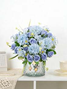 Buquê de hortênsias artificiais bordadas em seda, 1 peça, 29 cm (11,41 polegadas), rosas artificiais de chá para vaso de casamento na primavera, decoração de casa, sala de jantar, quarto, feriados, festa de aniversário, jardim externo, presente de Dia dos Namorados, decoração de baile de formatura. - Azul - Ver 9