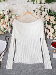 女士夏季露肩Y2K复古风长袖修身抓绒针织衫，优雅休闲甜美简约性感破东风纹理针织上衣，适合日常休闲、约会、周末聚会、返校季、街头时尚百搭上衣 - 杏色 - 查看 7