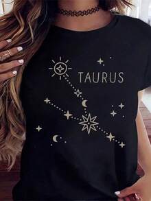 Taurus Zodiac Constellation T Shirt Astrology Star Sign Graphic Tee For Women Casual Astral Fashion Top Celestial Print Shirt Summer Wear,220g - 黑色 - 查看 2