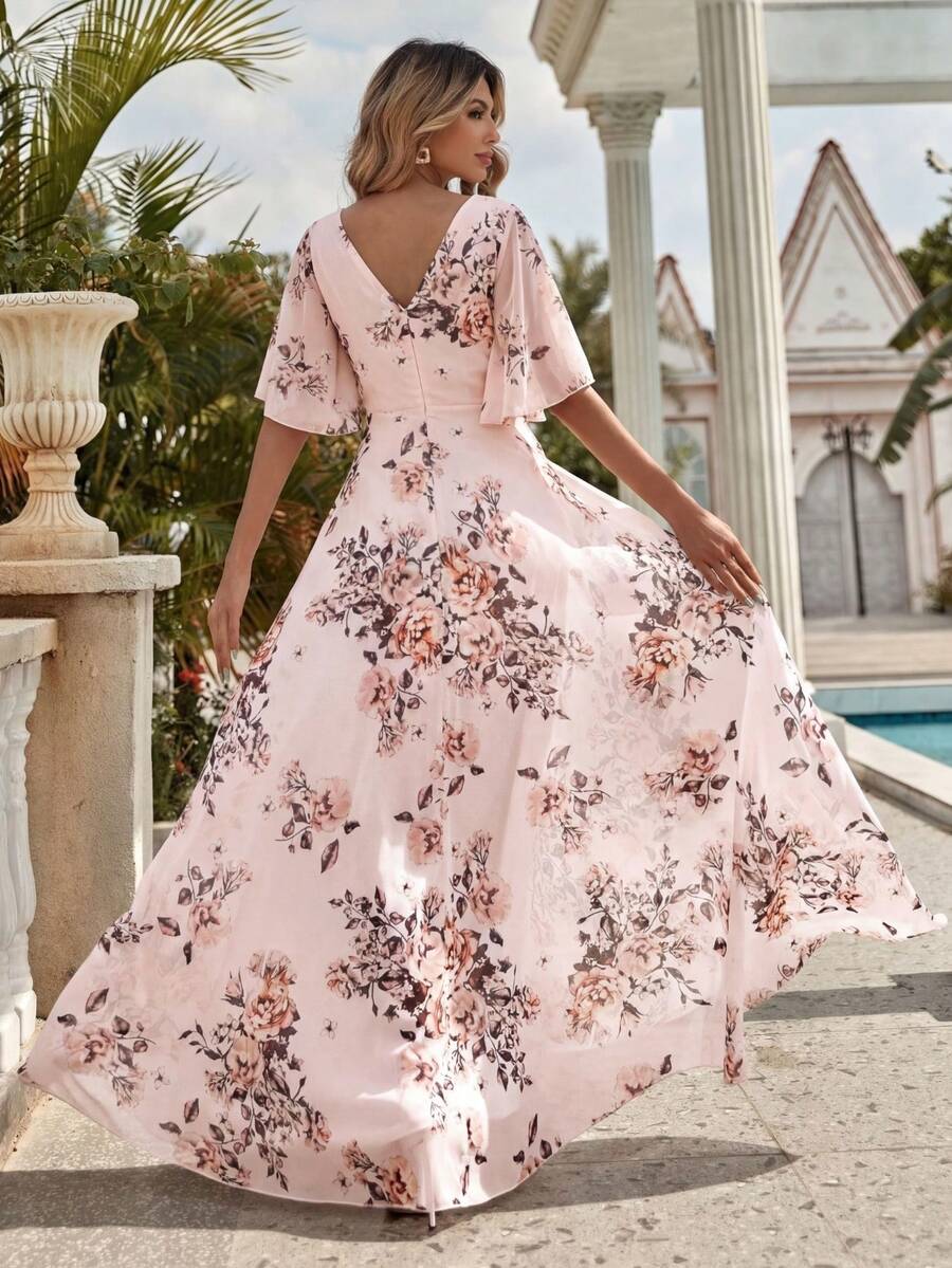 UNITHORSE [Cắt ngẫu nhiên] Đầm tốt nghiệp dáng chữ A cổ chữ V họa tiết hoa nhí dành cho nữ & đầm dạ hội trang trọng, đầm phù dâu bằng chiffon - Hồng - Xem 1