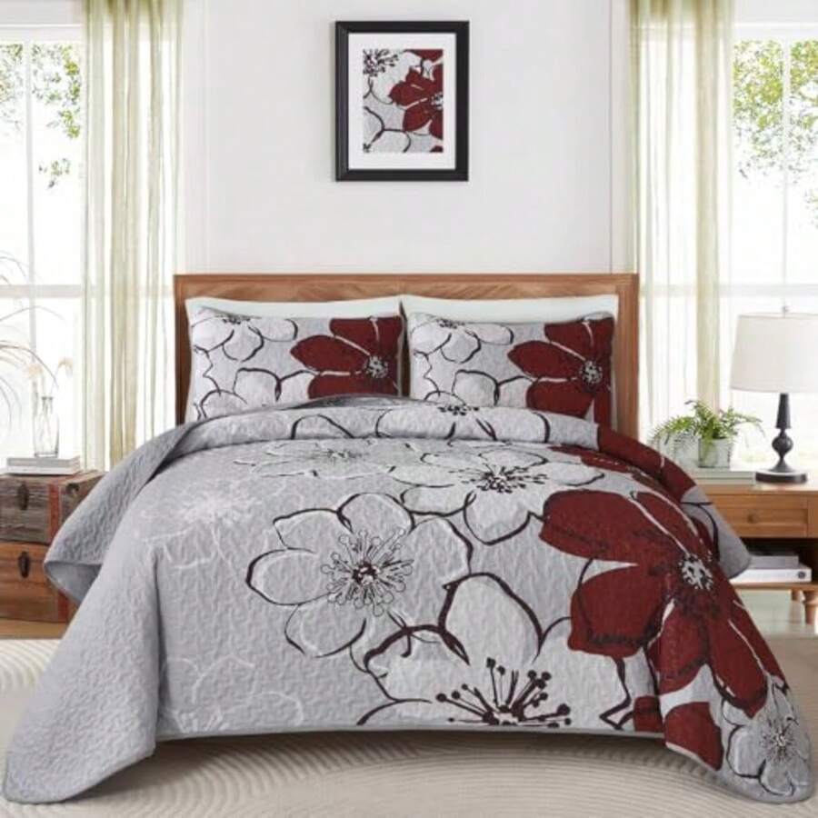 Floral Quilt Set Queen 3 Pieces Red Flower Quilt Coverlet Set with 2 Pillow Cases Lightweight Soft Microfiber Reversible Boho Bedspread for All Seasons 96"x90" - Rojo - Ver 1