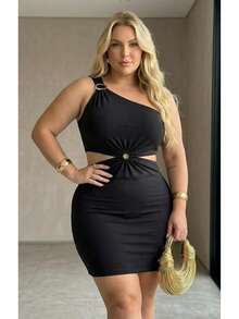 Plus Size Red Ribbed Dress With An Asymmetrical Neckline, Ring Detail And Cutout, Party Style. - màu đen - Xem 3