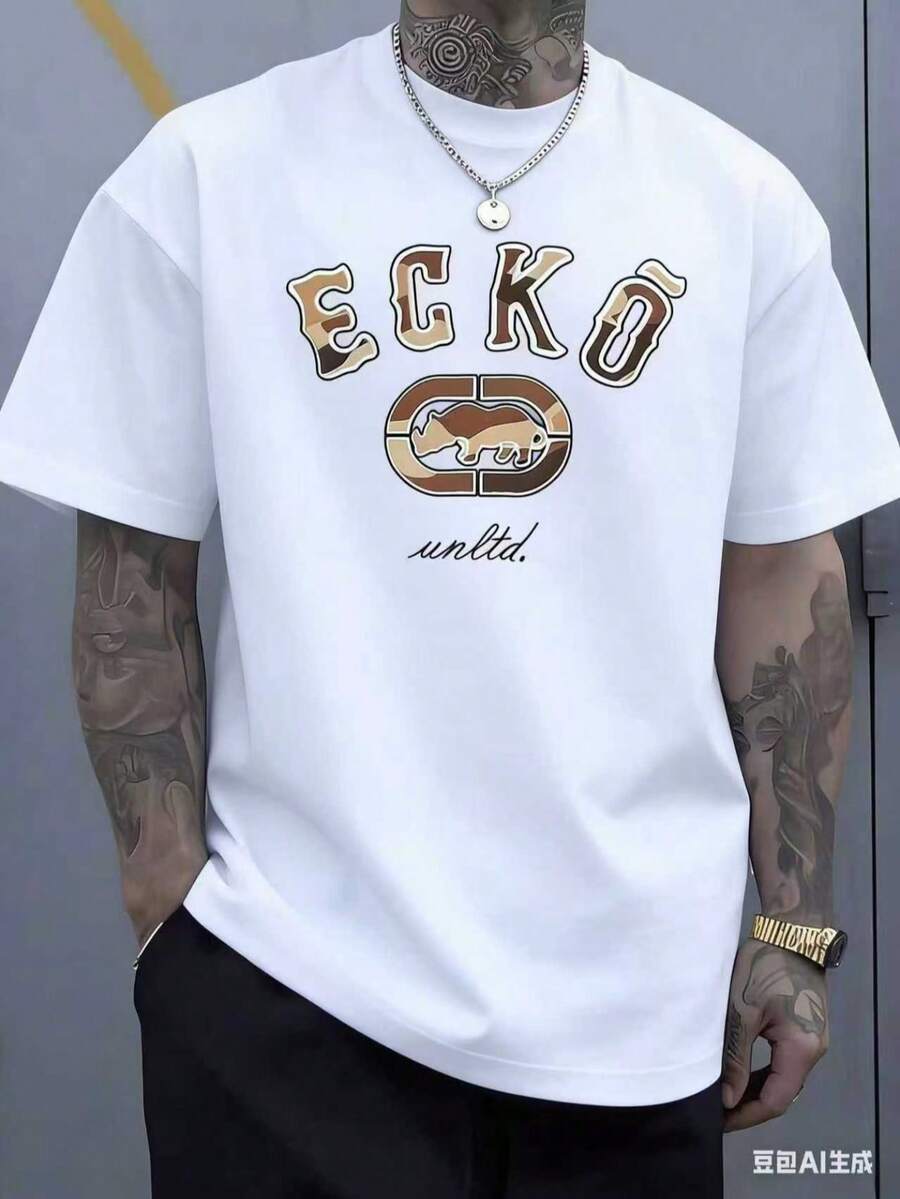 The Iconic ECKO Unltd Graphic Features A Bold Rhino Emblem With Urban Camouflage Lettering Symbolizing Strength Individuality Urban Culture And Authenticity 220g TshirtCasual Short-Sleeve T-Shirts For Men And Women - trắng - Xem 1