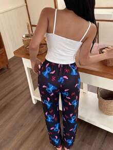 Disney 1 Set Women's Cute Stitch Print Pajama Set, Camisole Strap Round Neck Pullover, Comfortable Home Wear For Spring, Summer, Autumn - Light Grey - View 3