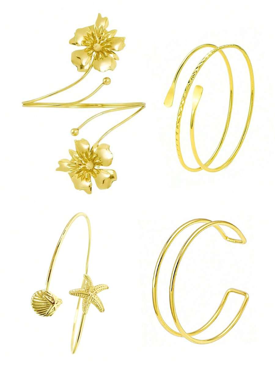4pcs/Set European And American Fashion Charm Bracelet Set, Metal Coil Flower Starfish Open Bangle Bracelets, Design, Suitable For Daily Wear, Gift For Girlfriend/Best Friend - 4PC Gold AT021 - View 1