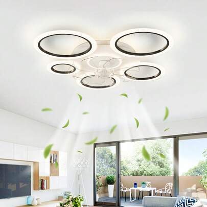 Quạt trần LED 5 vòng hiện đại có đèn, quạt gắn sát trần có đèn LED điều chỉnh độ sáng và điều khiển từ xa, quạt trần không cánh hoạt động êm ái, thích hợp cho phòng ngủ và phòng khách.