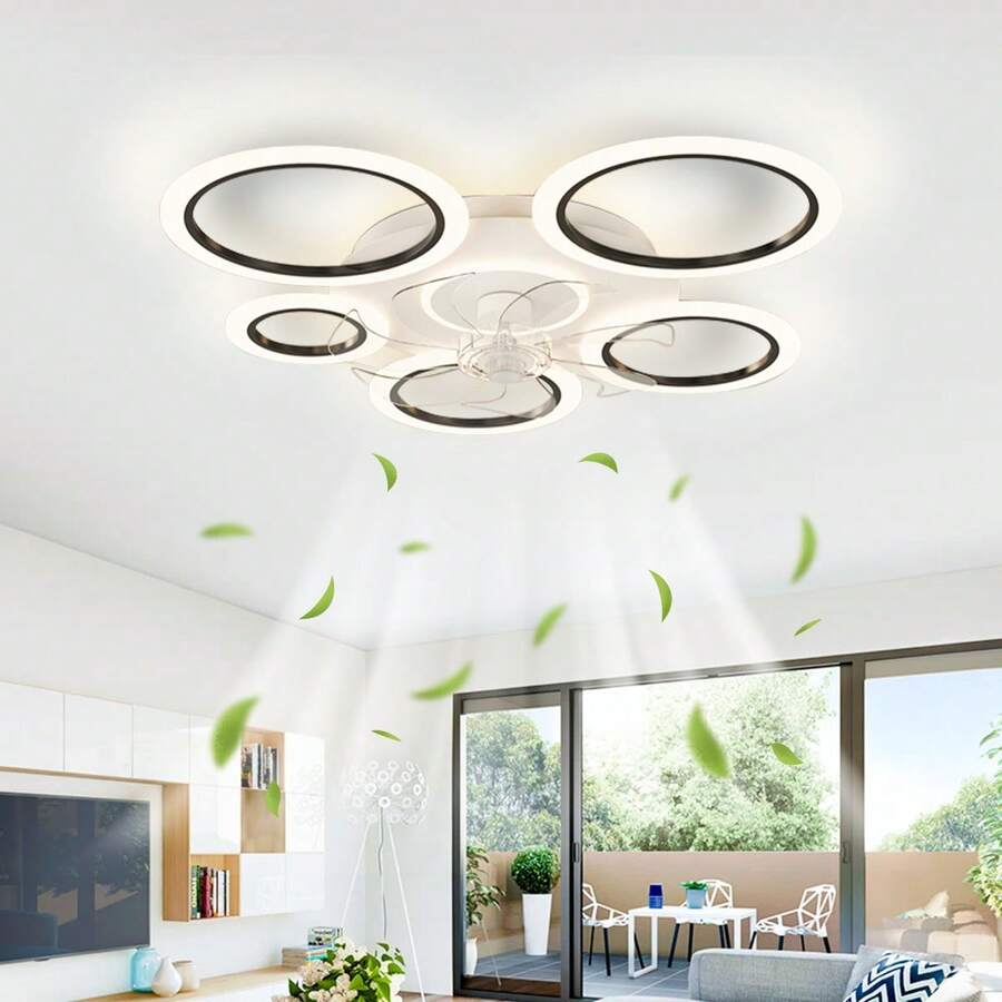 Modern 5-Ring LED Ceiling Fan With Light, Flush Mount Dimmable Fan Light With Remote, Quiet Bladeless Ceiling Fan For Bedroom Living Room - one-size - View 1