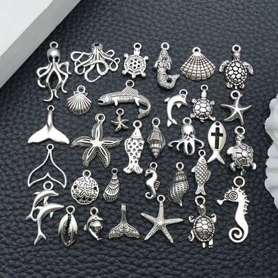 16/32 件装复古银色海星和海马海洋系列吊坠，合金首饰配件，适用于 DIY 项链和手链挂件