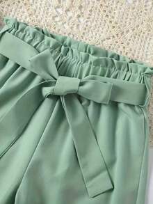 Girls Butterfly Print Short Sleeve Top And Bow Tie Long Pants Set - Green - View 3