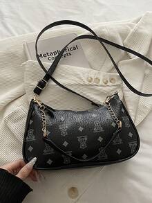 鳄鱼纹韩版女士手提包，新款时尚单肩包，简约新月形托特包，适合OL - 黑色 - 查看 7