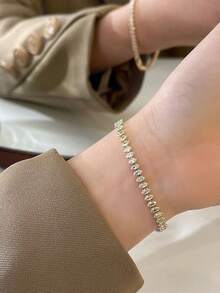 14K镀金立方氧化锆网球手链，马眼造型 - 金色 - 查看 7