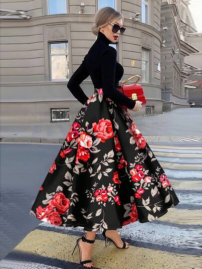 Elegant Black Floral Print Midi Dress With Long Sleeve Turtleneck And Full Skirt For Women Fashion Party Wedding Occasion