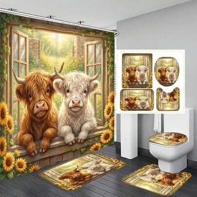 1件/4件套乡村高地牛图案多功能浴室装饰浴帘套装，赠送12个挂钩，营造优雅假日氛围，包含浴室地垫、U型马桶垫和圆形马桶垫，适用于各种浴室场景。