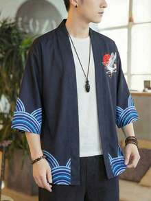 Áo choàng tay lửng 3/4 in hình mặt trời đỏ và chim hạc theo phong cách Ukiyo-E Nhật Bản, kiểu dáng rộng rãi, áo khoác kimono gió cho nam giới. - màu đen - Xem 3