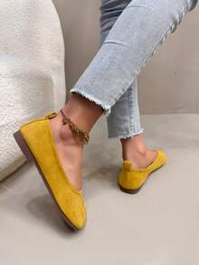 1 Đôi giày bệt đế mềm thoải mái mới, giày da lộn tối giản cổ thấp cho bé gái tuổi teen, giày cổ thấp màu vàng tươi tắn - gừng - Xem 4