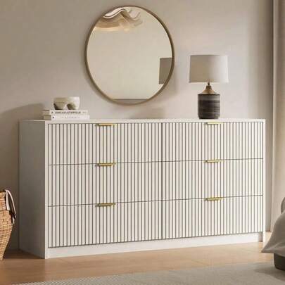 Cómoda BVFUKA de 6 cajones para dormitorio, cómoda moderna de 55 de ancho con tiradores de metal dorado, organizador de almacenamiento de ropa de madera estriada y armario para sala de estar, pasillo (beige)