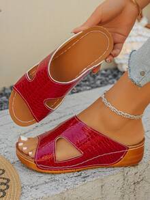 Plus Size 36-45 Summer Fashion Casual Open Toe Thick Bottom Sandals, Pink Matte, Black, Blue, Brown, Beige, Comfortable & Versatile Roman Wedge Slippers For Women - Red Crocodile Pattern - View 6