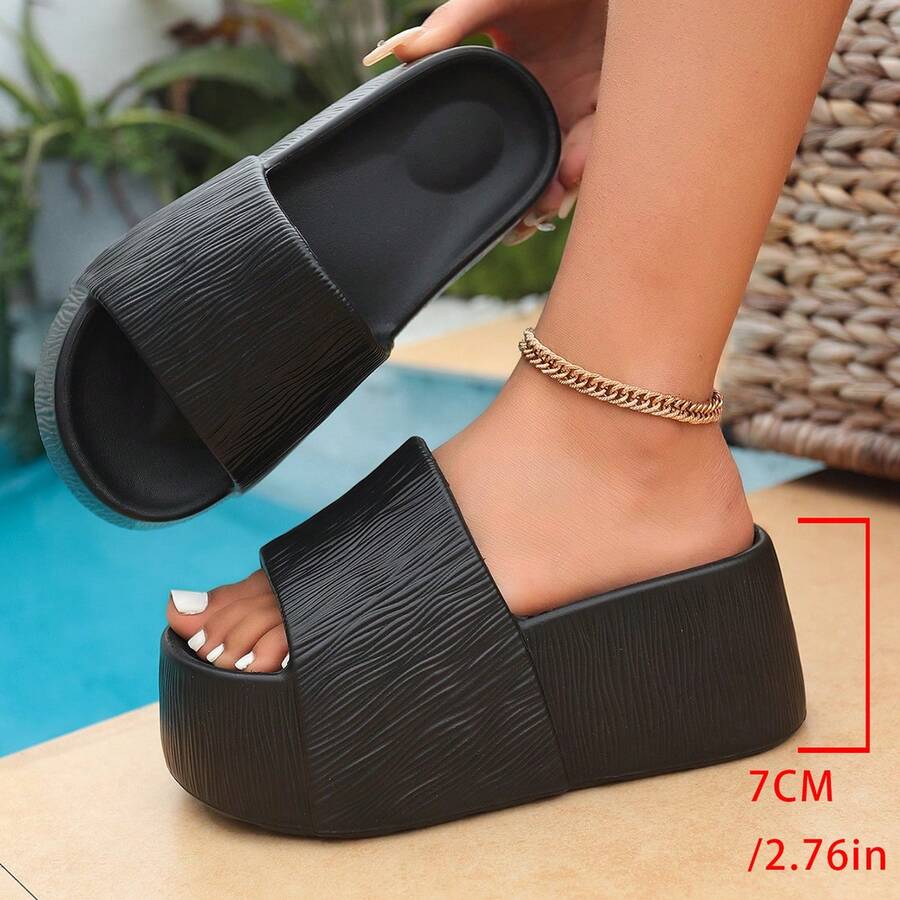 2026 Summer New Thick Sole Slippers For Women, Non-Slip, Increase Height, Strap Beach Sandals - Black - View 1