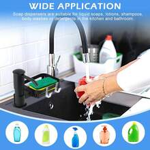 水龙头式皂液器收纳架，带海绵架和2个挂钩，包含3块海绵、可沥水厨房水槽收纳架、百洁布和洗碗刷，易于安装在水龙头上，是完美的厨房清洁配件。 - A - 查看 3