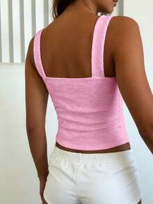 Women's Sexy Fitted Knit Square Neck Top, White Knit Jacquard Textured Fabric Tank Top, Fitted Regular Summer Women's Solid Color Tank Top Pink Casual - Pink - View 5