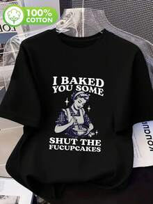 女士标准图案印花T恤，黑色，100%纯棉，适合夏季穿着，休闲棉质T恤 - 黑色 - 查看 2