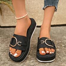 1 Pair Elegant Solid Color Fashion Fabric & Metal Chain Flat Slide Sandals, Suitable For Outdoor Wear In Spring And Autumn - Black - View 3