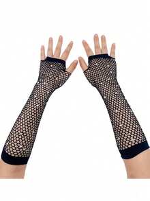 2pcs 1980s Neon Street Party Punk Rhinestone Fishnet Fingerless Gloves, Suitable For Halloween Party, Mother's Day Gift, Ball Dance Hollow Gloves, Party Fishnet Elastic Mesh Gloves, Fashion Neon Fishnet Long Fingerless Gloves - Multicolor - View 16