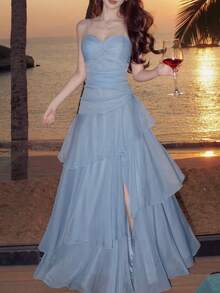 Đầm hai dây xếp ly bất đối xứng thanh lịch, thời trang đa năng, phù hợp cho phái nữ, thiết kế hai dây mảnh tối giản, thích hợp cho tiệc tùng, dạ hội, buổi tối, sinh nhật, đám cưới, tựu trường và các dịp khác, kiểu dáng trang nhã và ôm sát cơ thể, thích hợp cho mùa hè. - Màu xanh bụi bặm - Xem 7