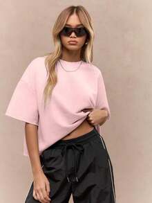 Oversized Heavy T-Shirt Modern Streetwear Essential Boxy Cut Casual Summer Basic Loopback Top Ultra Soft Minimalist Urban Fashion Staple-Unisex Summer Casual Vintage Cotton Printed T-Shirts For Couples - 粉色 - 查看 10